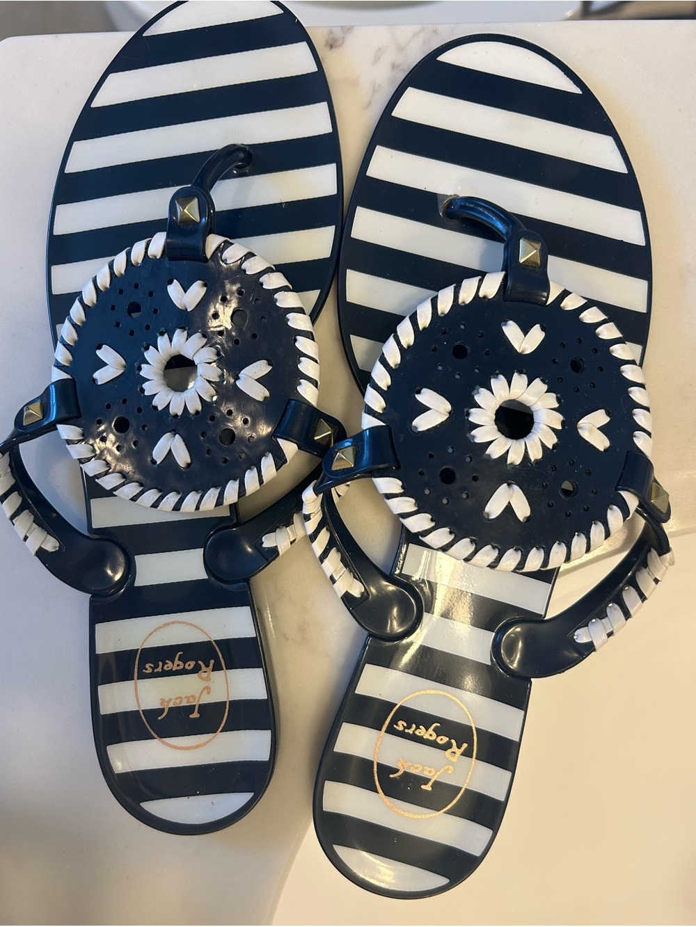 Jack Rogers Navy and White Striped Whipstitch Jelly Sandals